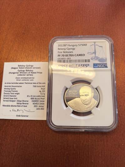 长老汇蛇年精选第八十场拍卖 - 2022匈牙利诺奖获得者7500弗林特精制银币，NGC PF70UC，3枚并列冠军之一，4000枚，首期标，带证书
