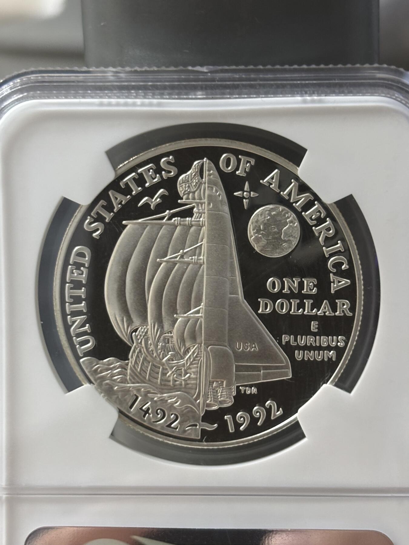 第185期拍卖 美国1992年哥伦布发现美洲大陆500周年精制纪念银币NGC-PF69, 900银 ，26.73克