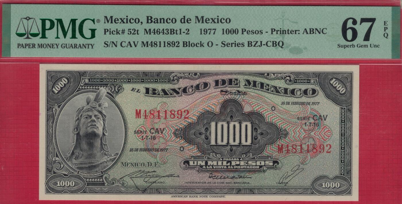 墨西哥1977年1000比索 P-52t 序列代码CAV 冠军分 实物图 UNC