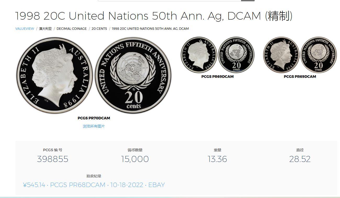 长老汇蛇年精选第八十场拍卖 1998澳大利亚联合国成立50周年20分精制银币，PCGS PR69DCAM
