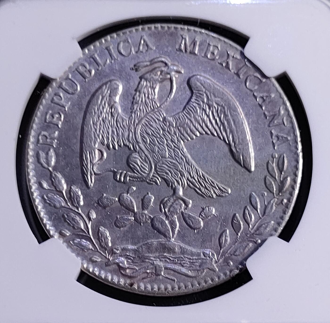 1880年墨西哥8瑞尔花边鹰洋 NGC AU评级币