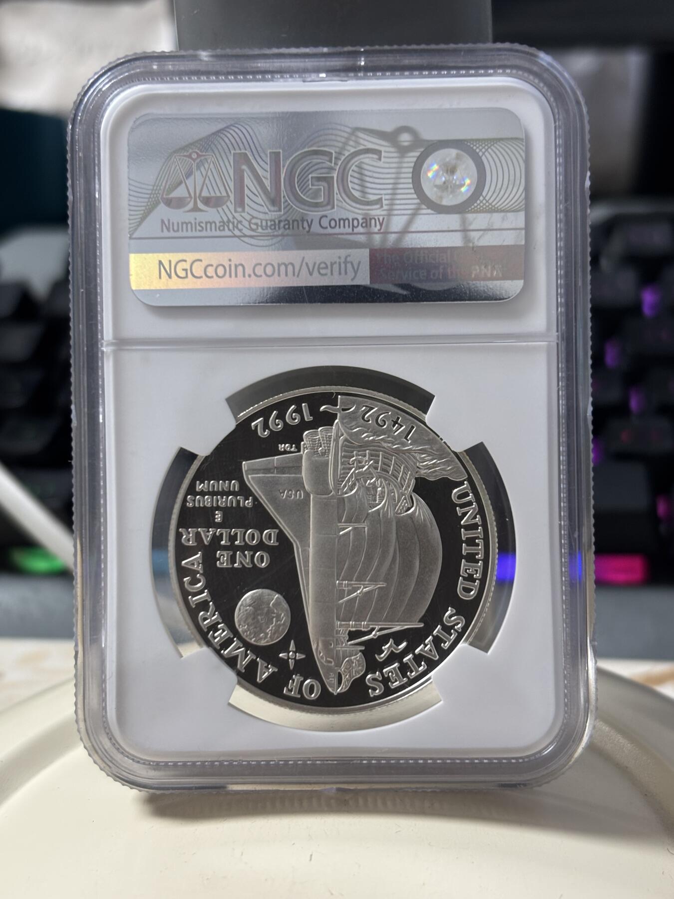 第185期拍卖 美国1992年哥伦布发现美洲大陆500周年精制纪念银币NGC-PF69, 900银 ，26.73克