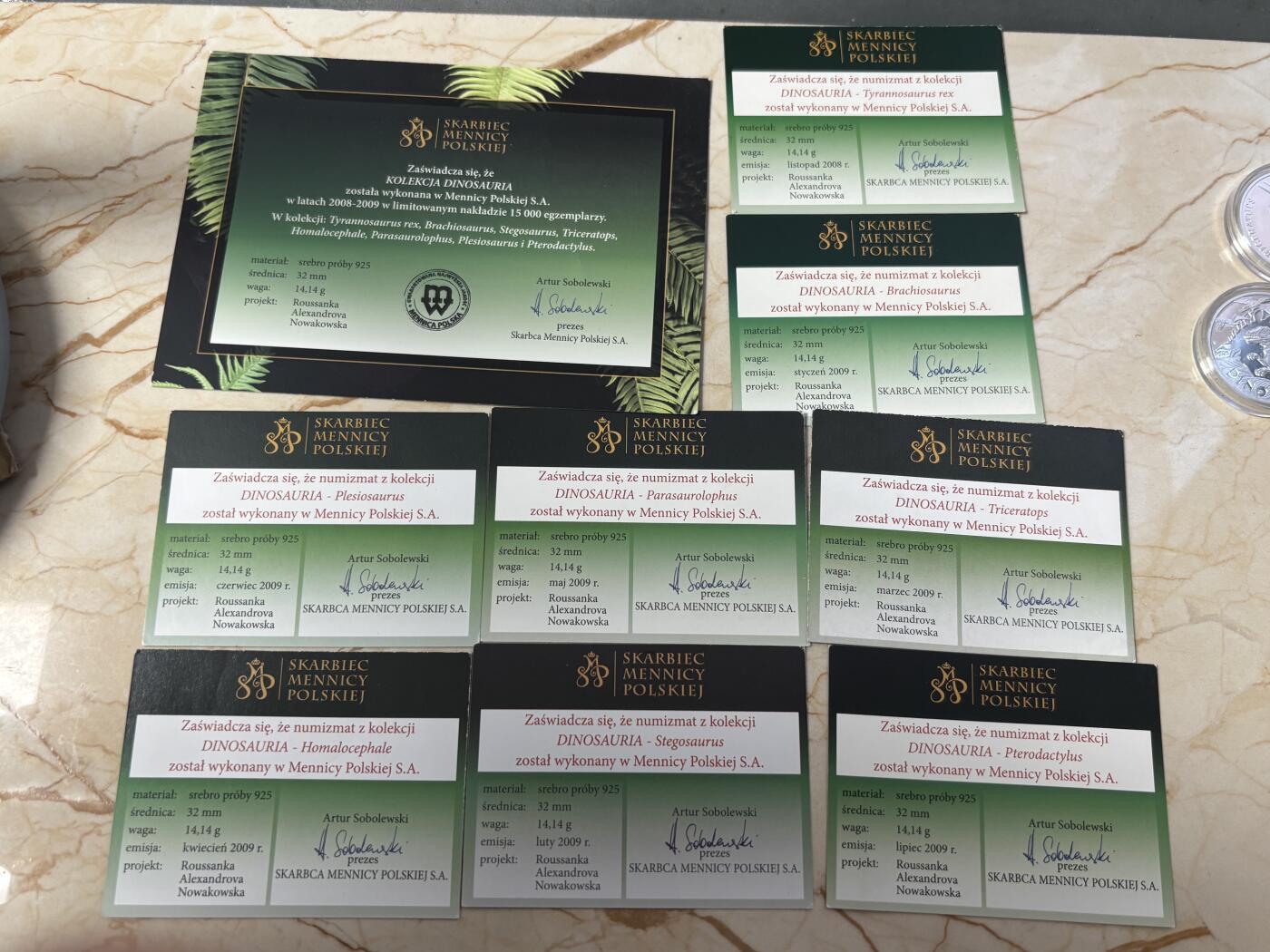 第185期拍卖 波兰2009年恐龙精制纪念银章8枚套原盒证，华沙造币厂 925银，14.14g*8 发行量15000套