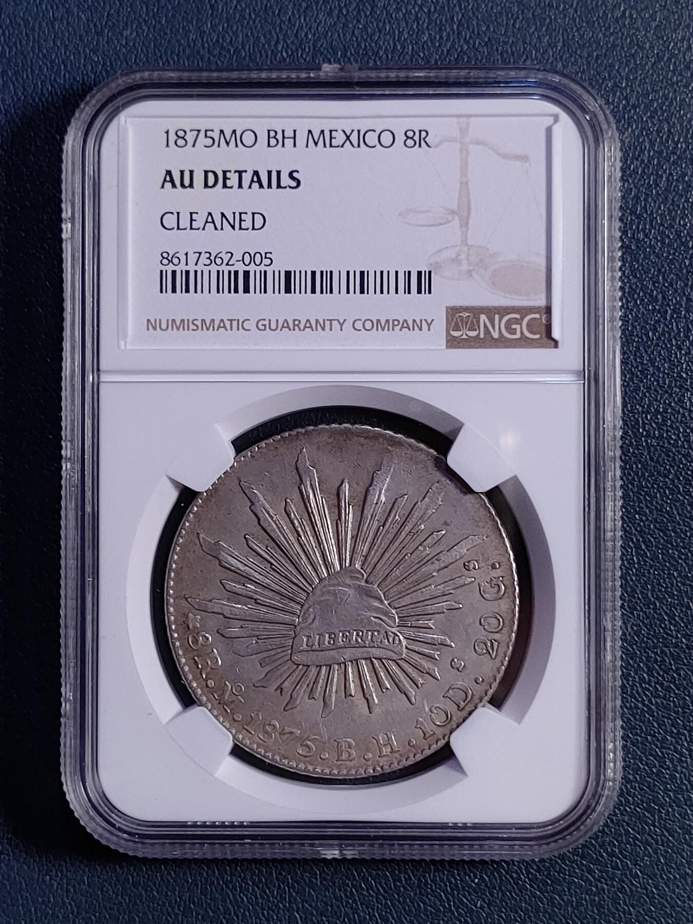 1875年墨西哥8瑞尔花边鹰洋 NGC AU评级币