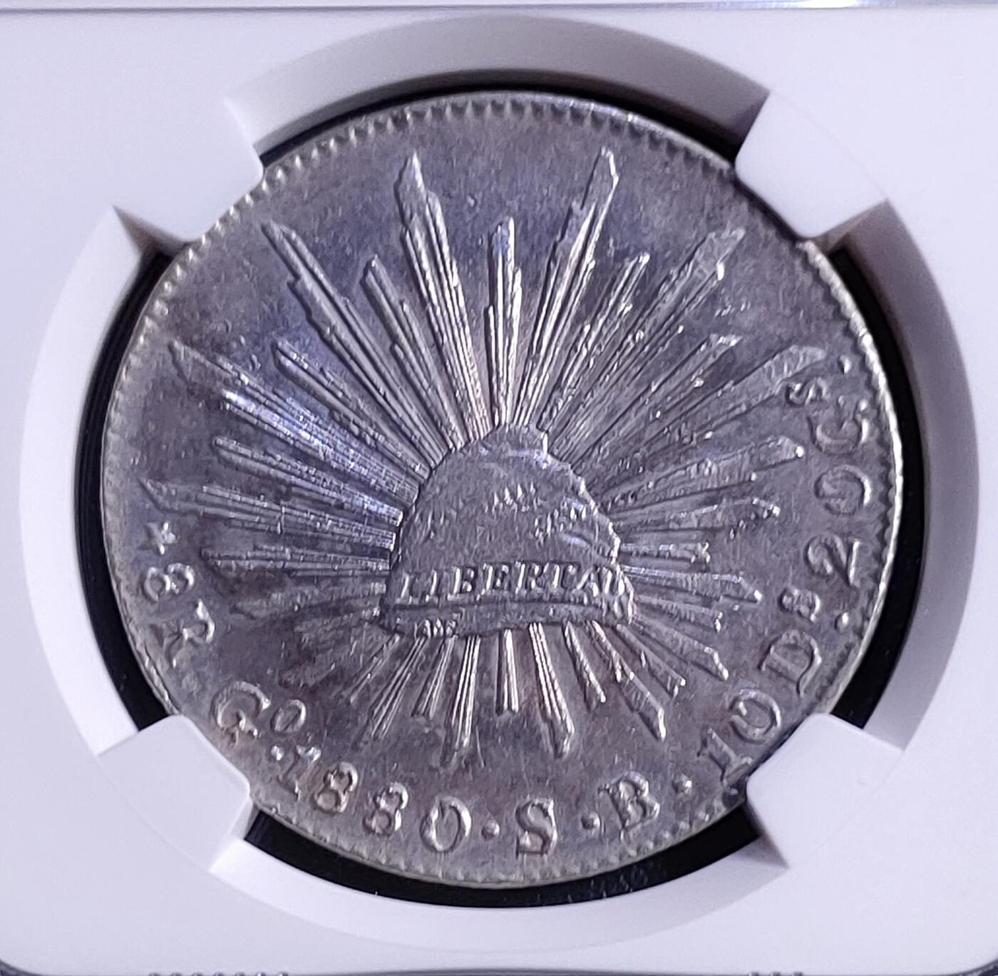 1880年墨西哥8瑞尔花边鹰洋 NGC AU评级币