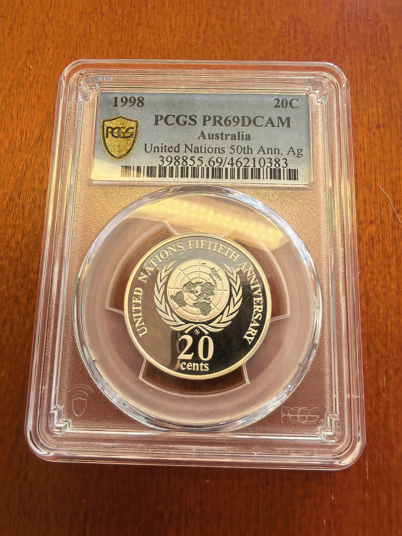 长老汇蛇年精选第八十场拍卖 1998澳大利亚联合国成立50周年20分精制银币，PCGS PR69DCAM