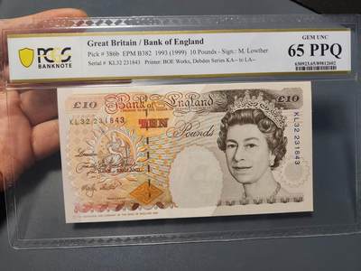 12月7号晚上8点 外国纸币自动截拍第71场 - 英国纸币10镑 E序列初版 狄更斯 稀少M.Lowther签名 1999年 PCGS65