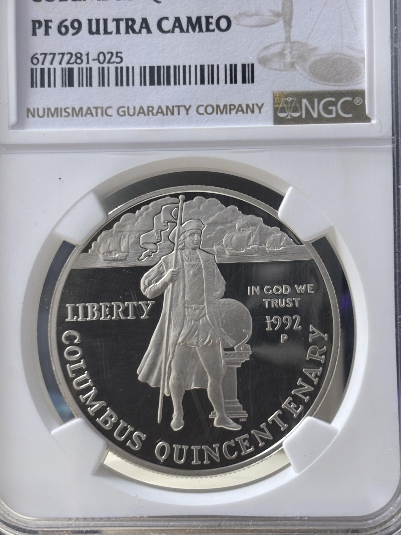第185期拍卖 美国1992年哥伦布发现美洲大陆500周年精制纪念银币NGC-PF69, 900银 ，26.73克