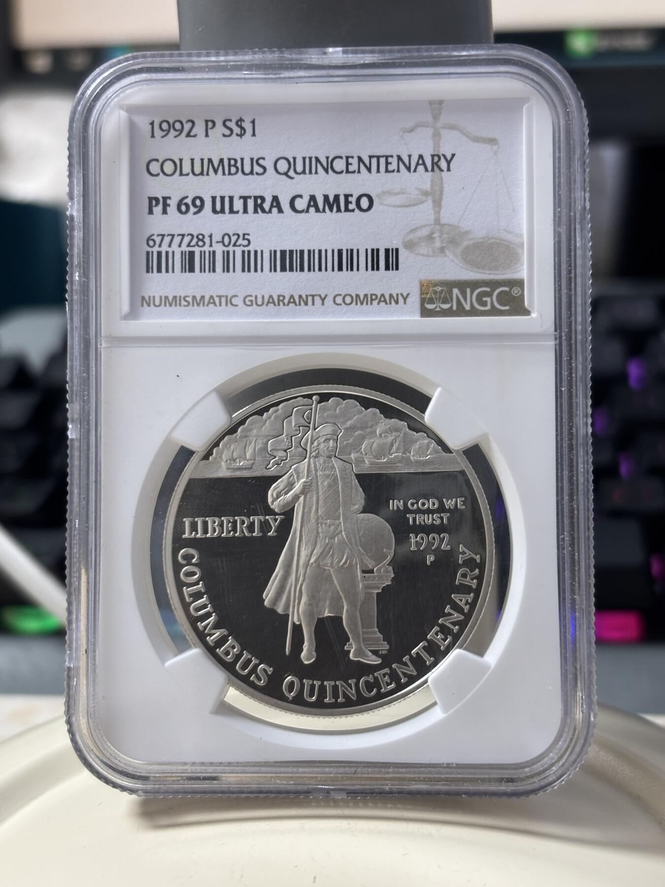 第185期拍卖 美国1992年哥伦布发现美洲大陆500周年精制纪念银币NGC-PF69, 900银 ，26.73克