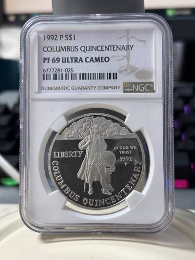 第185期拍卖 - 美国1992年哥伦布发现美洲大陆500周年精制纪念银币NGC-PF69, 900银 ，26.73克