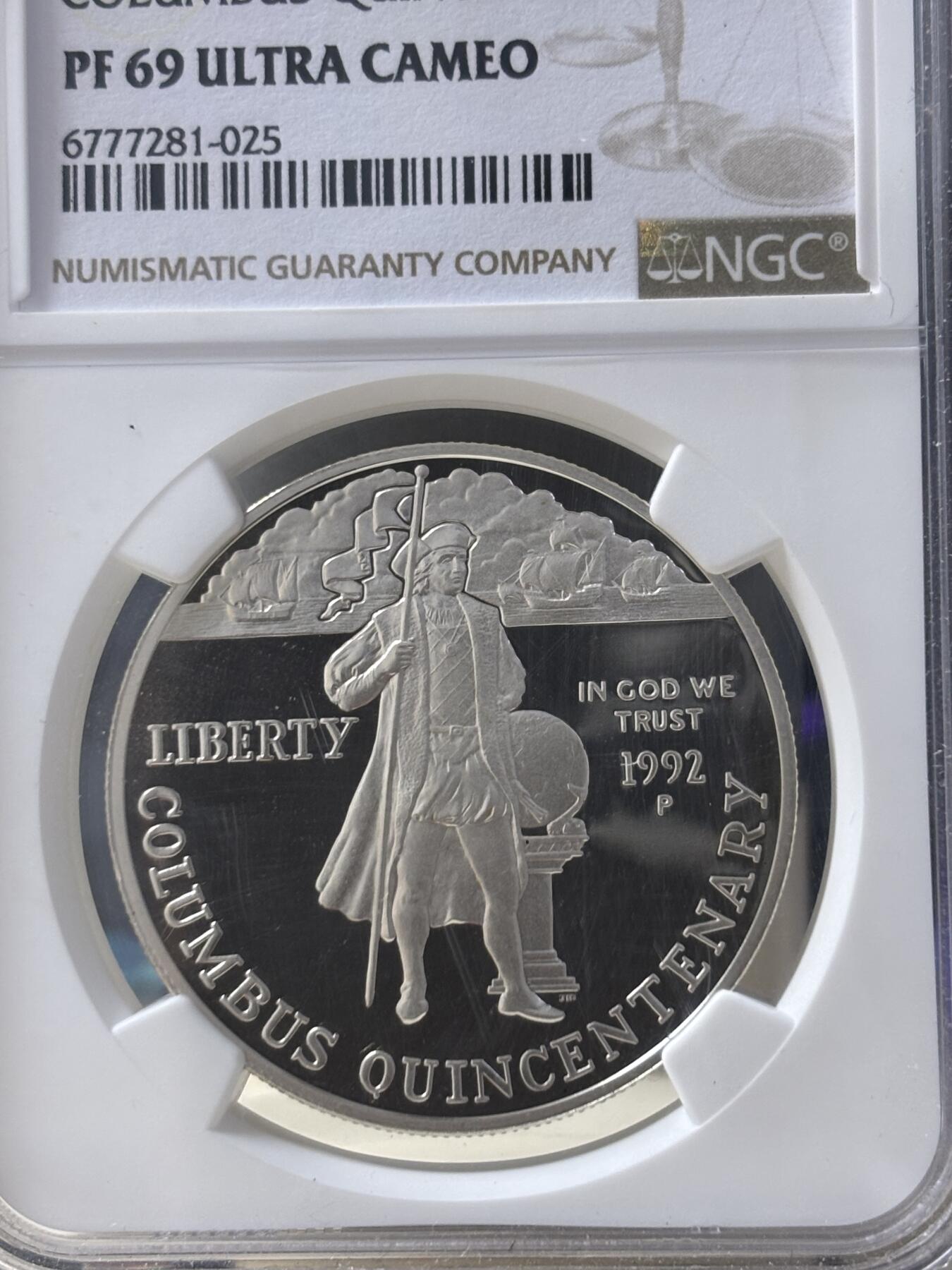 第185期拍卖 美国1992年哥伦布发现美洲大陆500周年精制纪念银币NGC-PF69, 900银 ，26.73克