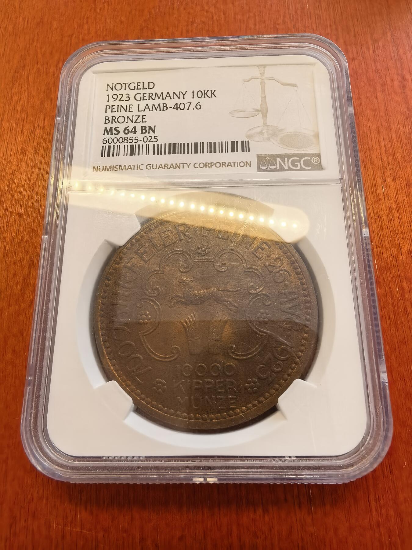 长老汇蛇年精选第八十场拍卖 1923 德紧佩恩10000基珀大铜币，NGC MS64BN，季军分，更高10枚