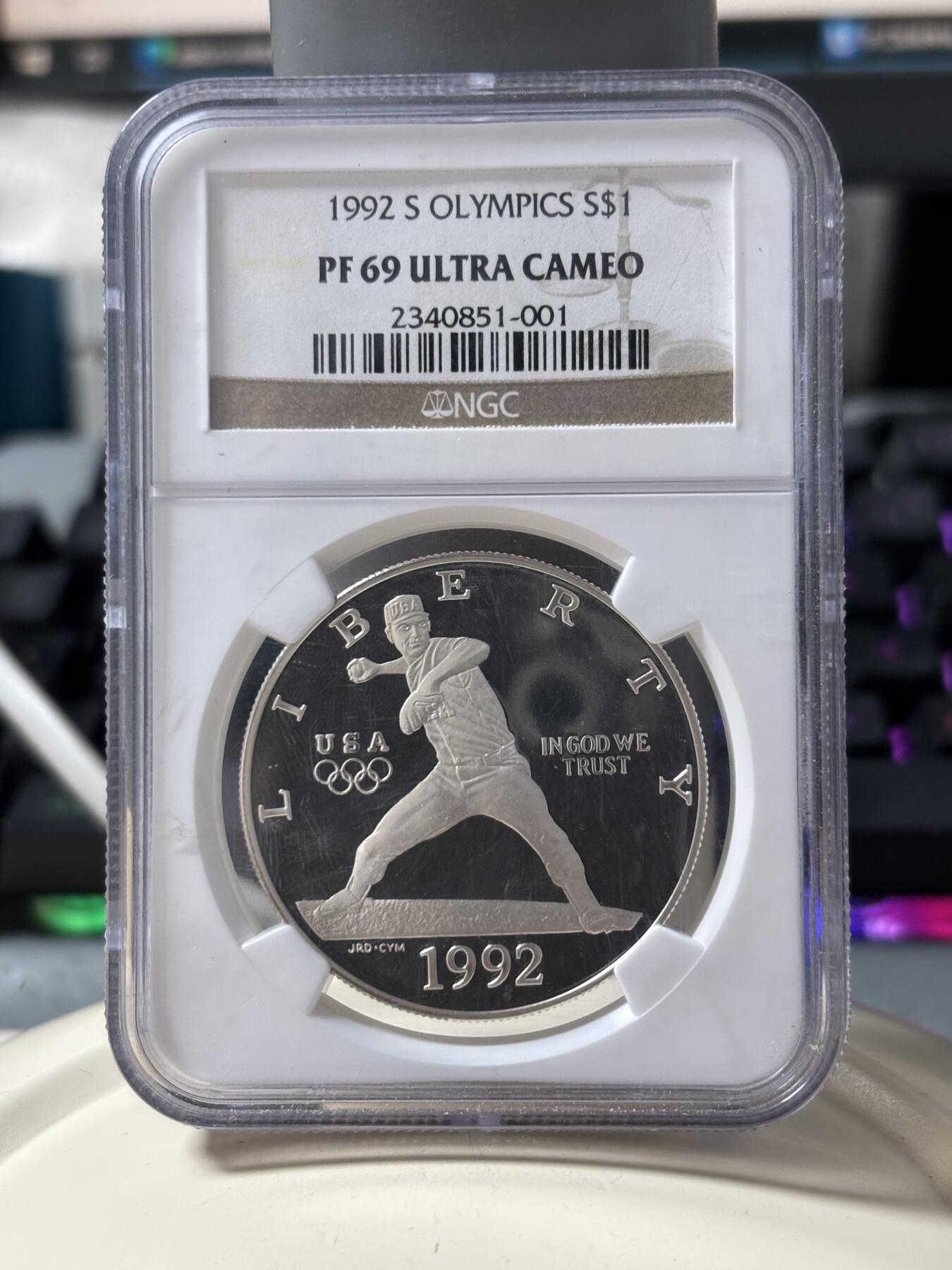 第185期拍卖 美国1992年巴塞罗那奥运棒球精制纪念银币NGC-PF69，900银，26.72克