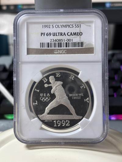 第185期拍卖 - 美国1992年巴塞罗那奥运棒球精制纪念银币NGC-PF69，900银，26.72克