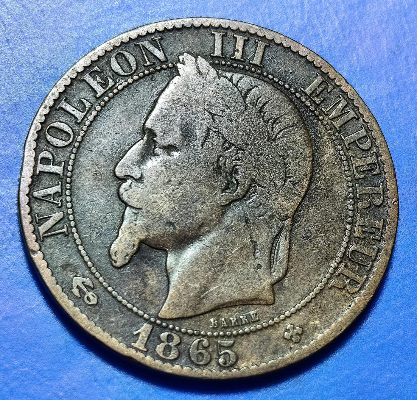 外国优质老铜币银币持续添加中，周六九点倒数截拍，满百包邮，可寄存半年，喜欢朋友微信扫描二维码可直接参拍 法国1865年拿破仑三世5分BB版