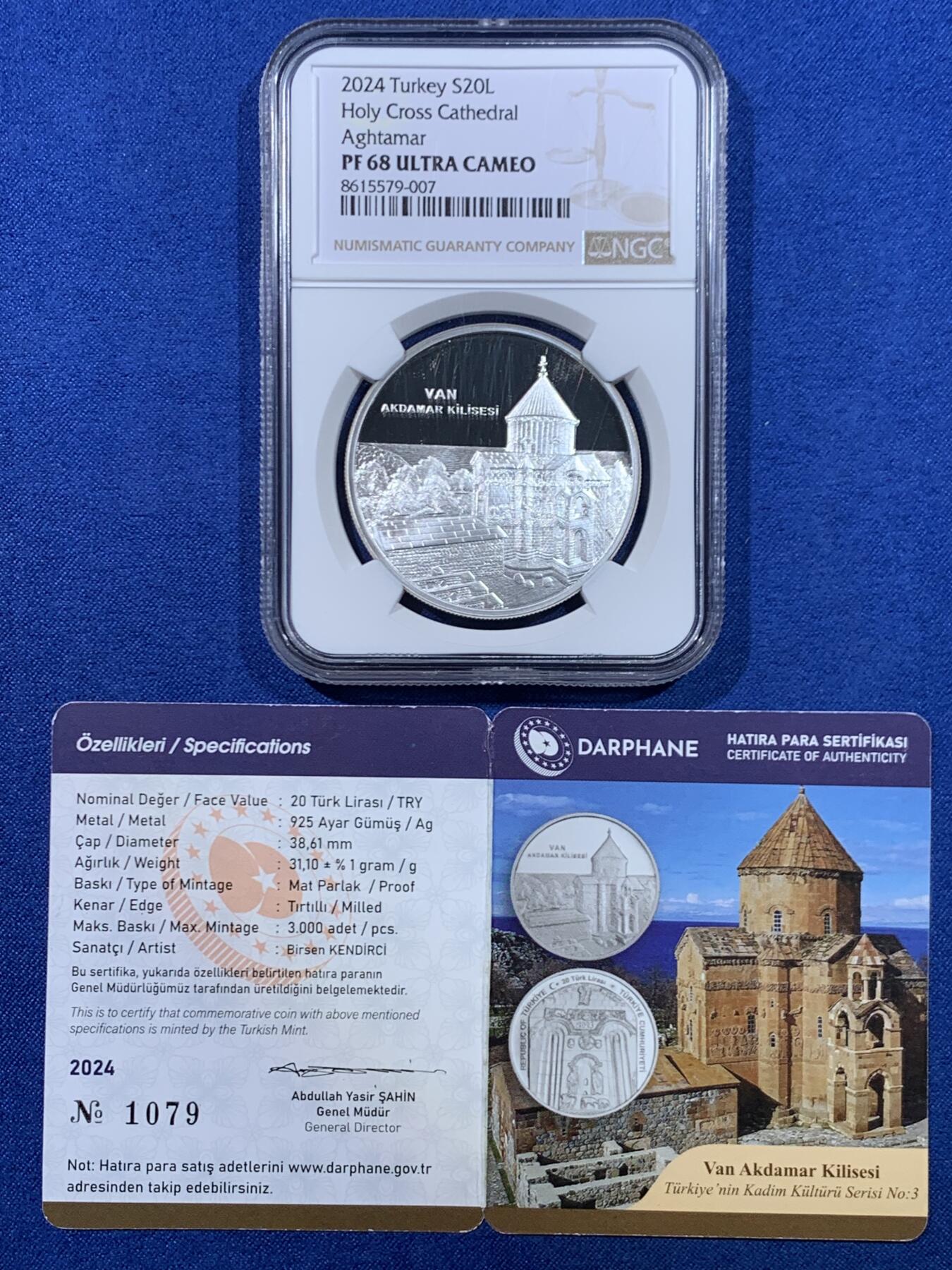 《竞宝斋》第445场 周日，周一，2场连拍 （全场包邮） NGC PF68UC 土耳其2024年范阿克达马尔教堂20里拉精制纪念银币（1盎司，925银，带证书，发行量3千枚）时光雕刻，岁月永隽，唯有景观经典依旧！