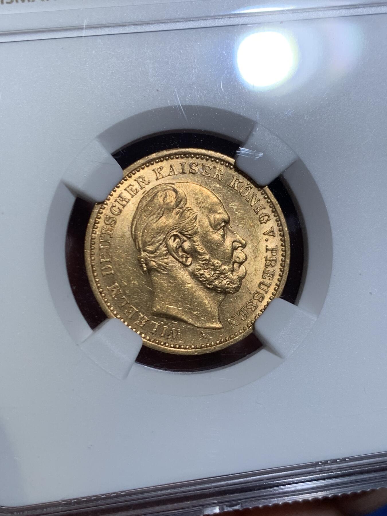 《竞宝斋》第445场 周日，周一，2场连拍 （全场包邮） NGC MS62 德国普鲁士1885年A威廉一世20马克金币 900金 7.96克