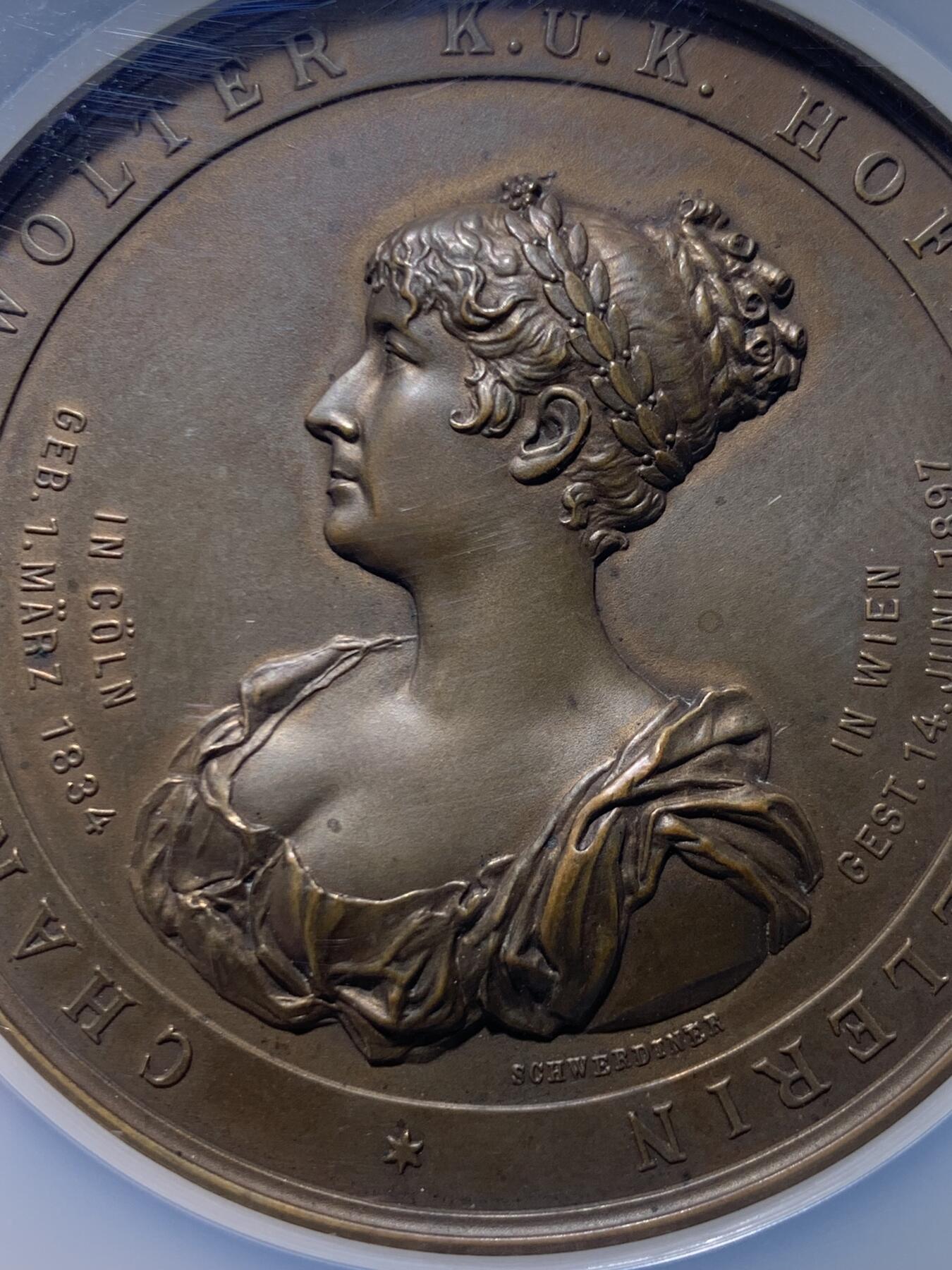 《竞宝斋》第445场 周日，周一，2场连拍 （全场包邮） NGC MS63BN 奥地利1897夏洛特·沃尔特纪念铜章 加大加厚盒