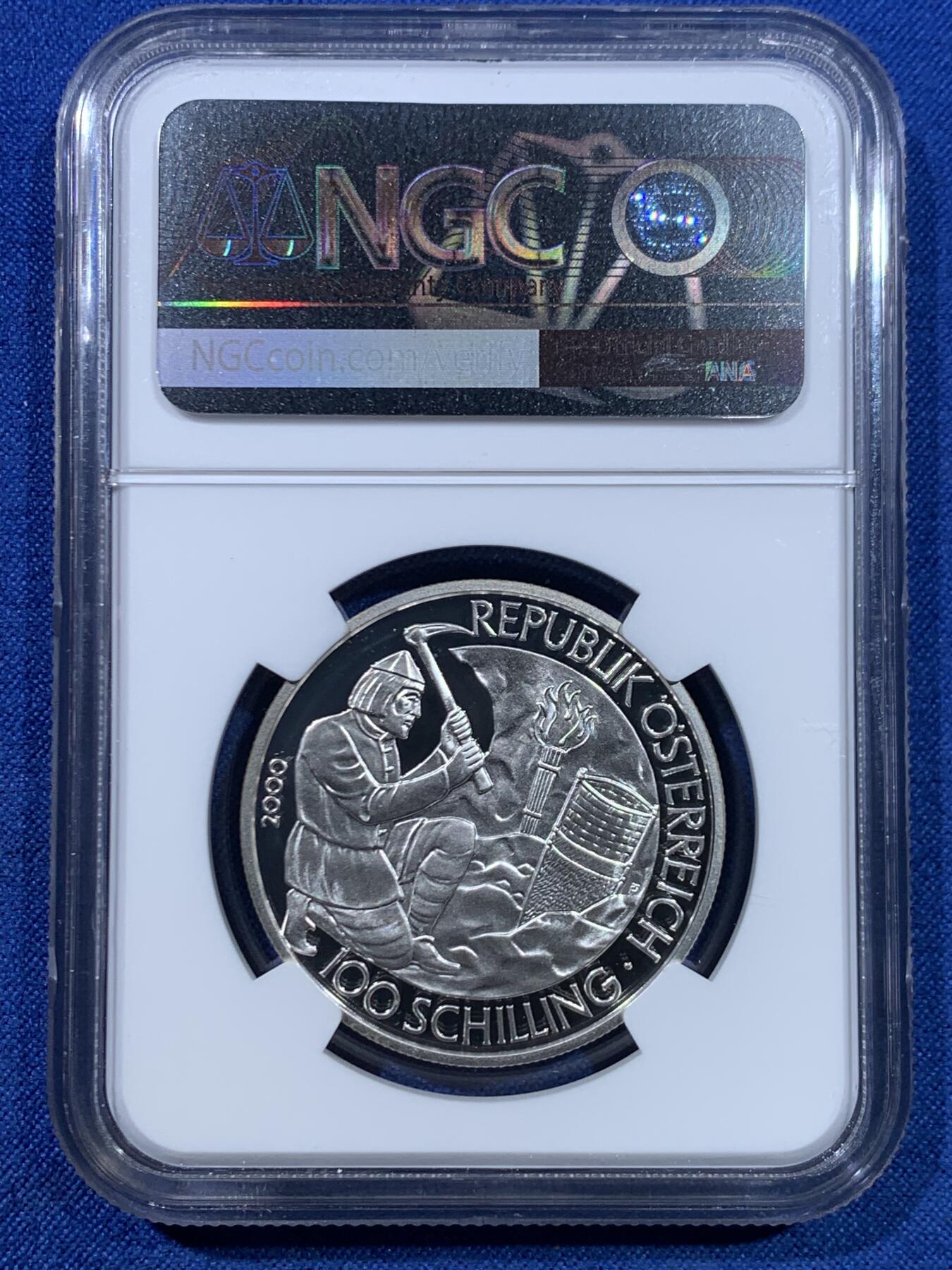 《竞宝斋》第445场 周日，周一，2场连拍 （全场包邮） 获奖币 NGC PF69UC 奥地利2000年凯尔特人开采盐矿100先令精制纪念银币（18克重，900银，盒证齐全，发行量5万枚）荣膺克劳斯世界硬币大赛2002年最佳克朗币（千禧年获奖币）