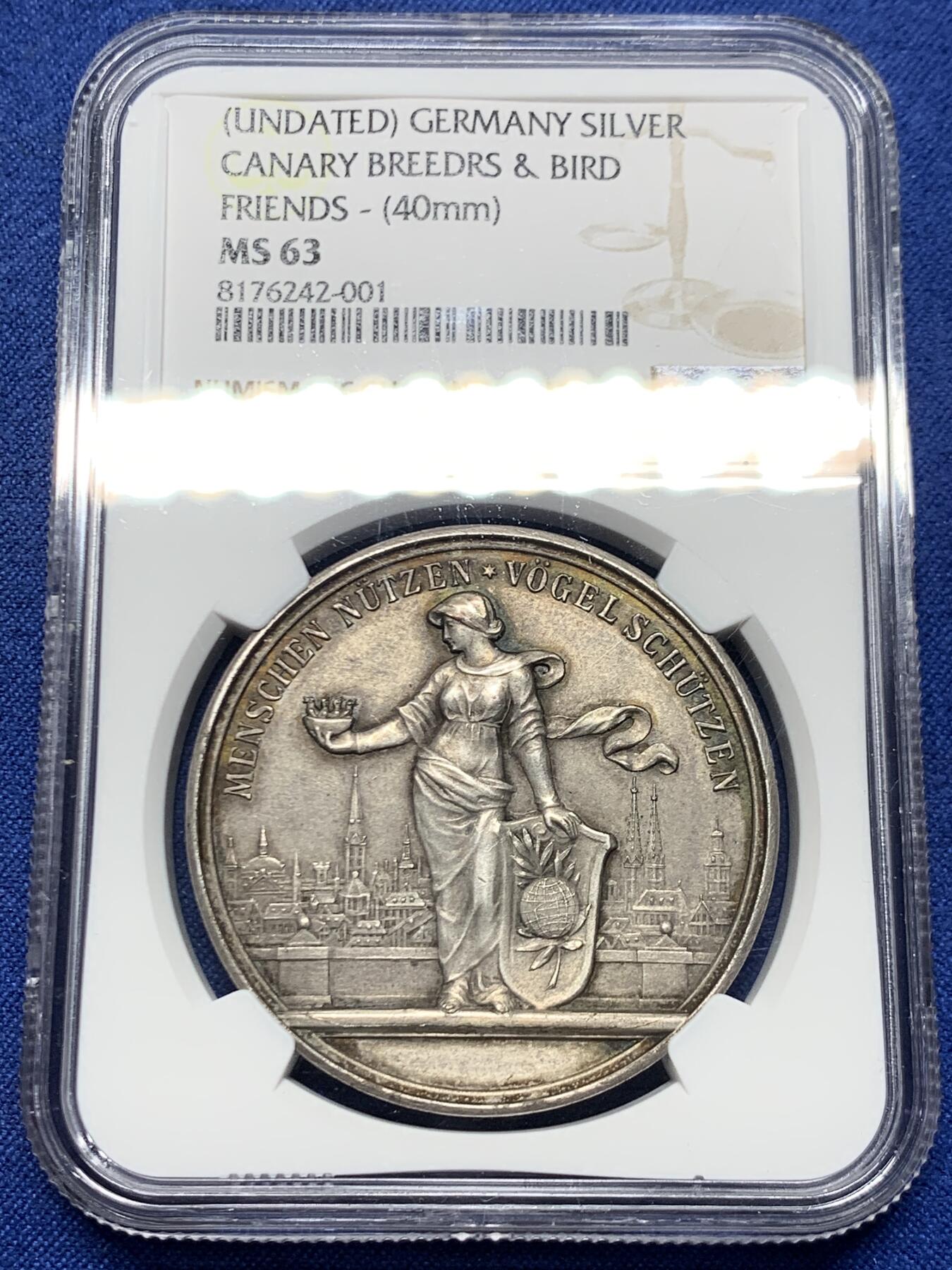 《竞宝斋》第445场 周日，周一，2场连拍 （全场包邮） NGC MS63 高分 德国少见鸟类保护银质奖章，首见品。正面：女神景观，背面：金丝雀图案