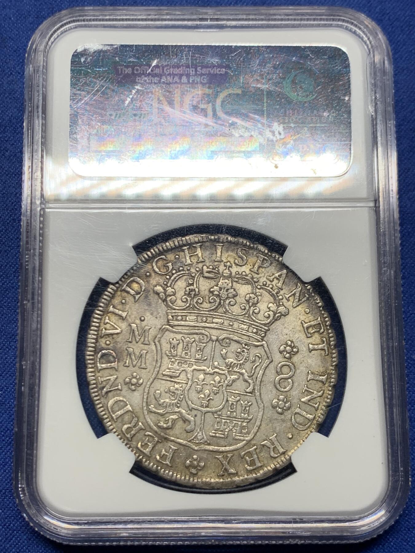 《竞宝斋》第445场 周日，周一，2场连拍 （全场包邮） NGC AU55 墨西哥1756年费尔南多六世地球双柱8R银币（细节打制很好，老盒严选，不可多得的藏品）