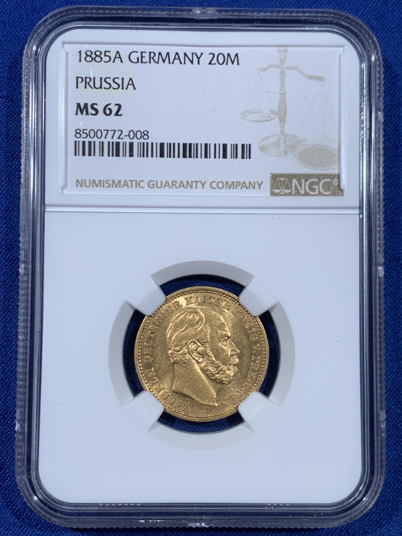《竞宝斋》第445场 周日，周一，2场连拍 （全场包邮） NGC MS62 德国普鲁士1885年A威廉一世20马克金币 900金 7.96克