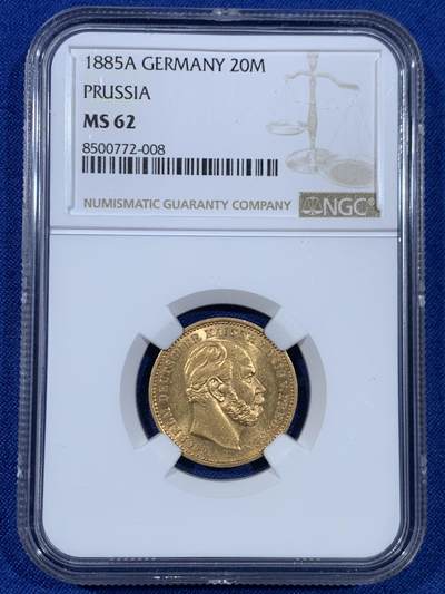 《竞宝斋》第445场 周日，周一，2场连拍 （全场包邮） - NGC MS62 德国普鲁士1885年A威廉一世20马克金币 900金 7.96克
