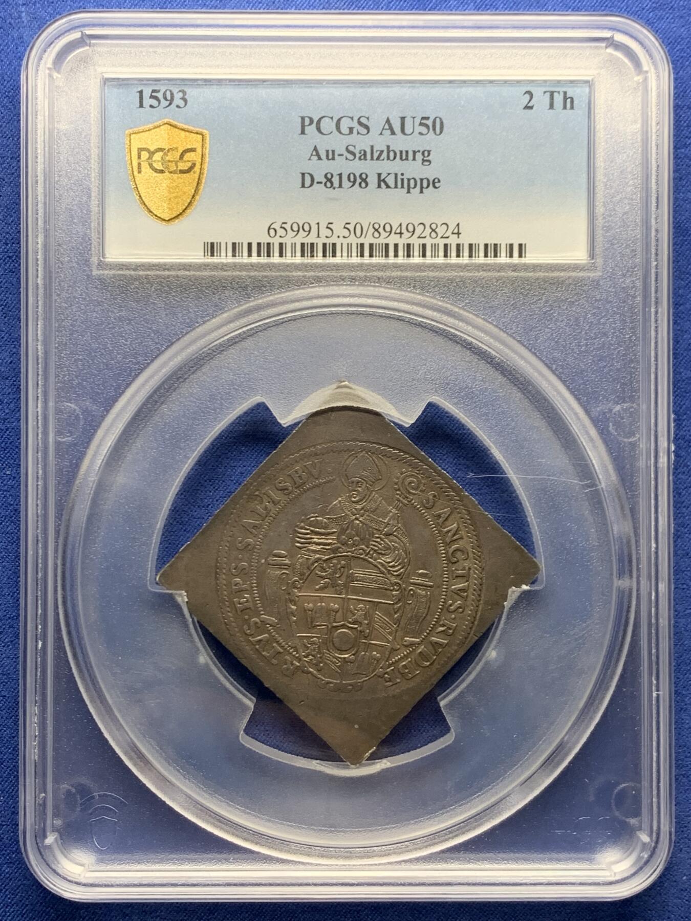 《竞宝斋》第445场 周日，周一，2场连拍 （全场包邮） 唯一亚军分 PCGS AU50 神圣罗马帝国  1593年 萨尔茨堡大主教区 圣鲁珀特 2泰勒方形大银币 将近57克超大规格 独年发行 及其少见的样式与规格 P大盒封装 更高分仅一枚