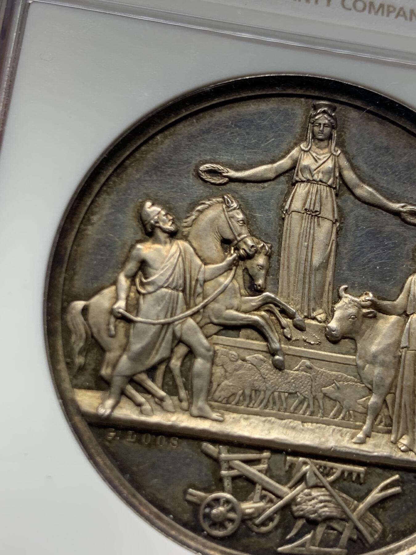 《竞宝斋》第445场 周日，周一，2场连拍 （全场包邮） NGC MS63 德国19世纪农业服务银章 LOOS作品 42mm 极美细节