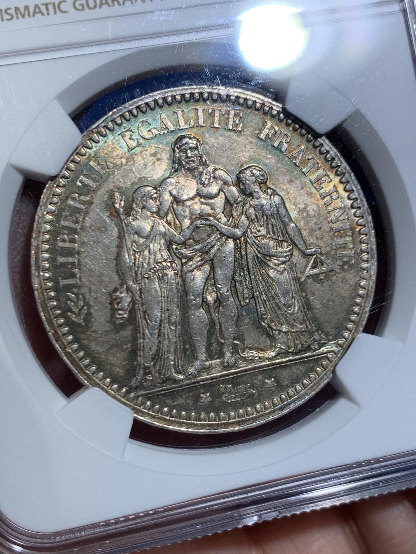 《竞宝斋》第445场 周日，周一，2场连拍 （全场包邮） NGC MS63 法国1873年A版大力神5法郎银币 酱彩包浆 性价比分数