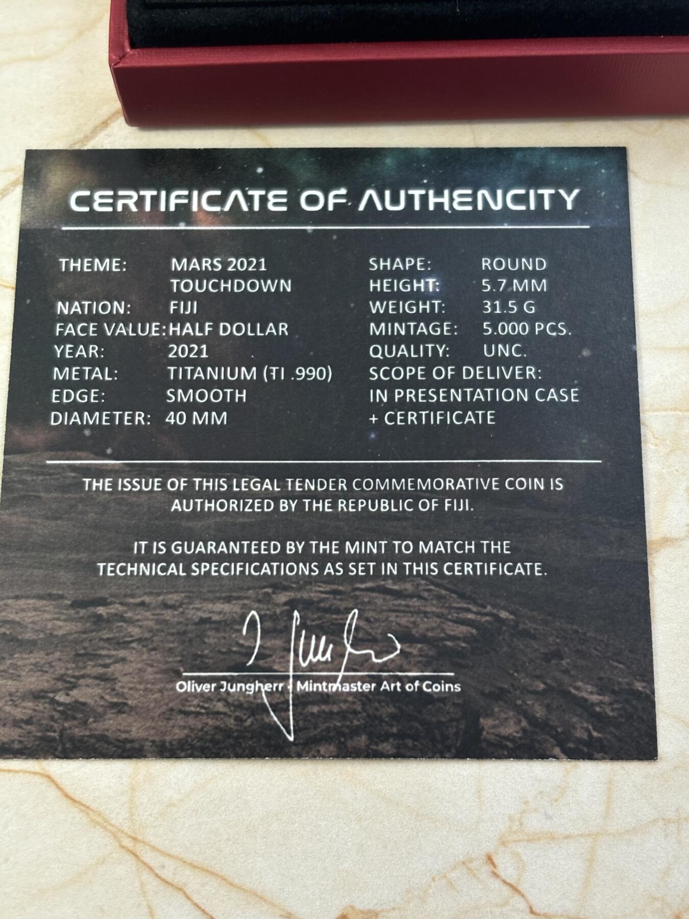 第185期拍卖 斐济2021年美国漫游者火星着陆1盎司彩色纪念钛币