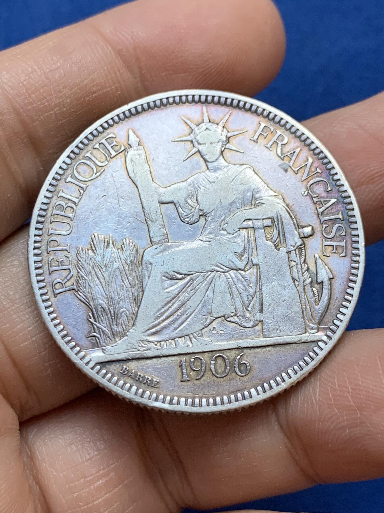 《竞宝斋》第445场 周日，周一，2场连拍 （全场包邮） 法属印支1906年坐洋1皮阿斯特银币