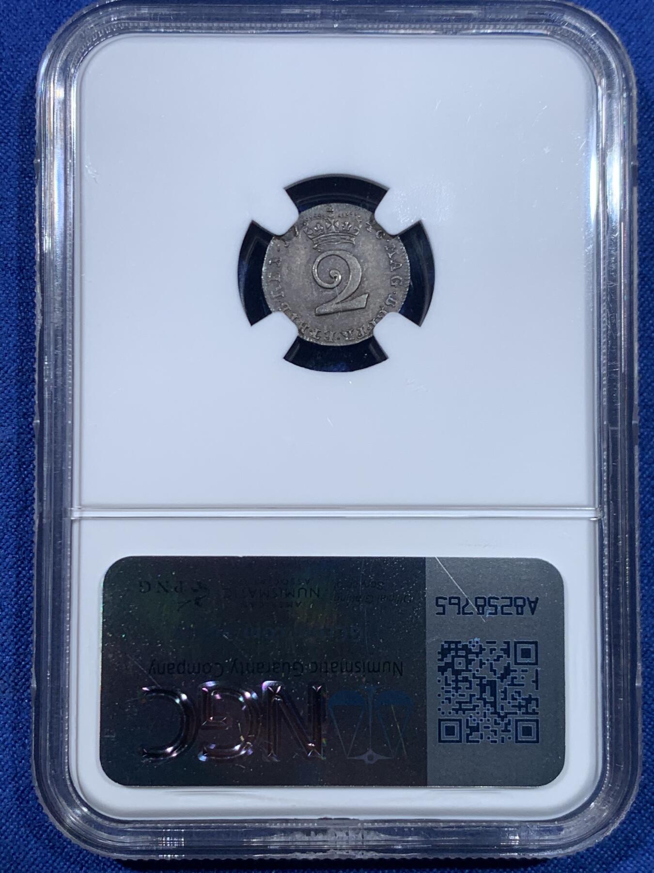 《竞宝斋》第445场 周日，周一，2场连拍 （全场包邮） 四枚一组 NGC AU55/MS63/MS62/UNCD 英国1746年乔治二世1/2/3/4便士银币 2便士盒子右下角有磕