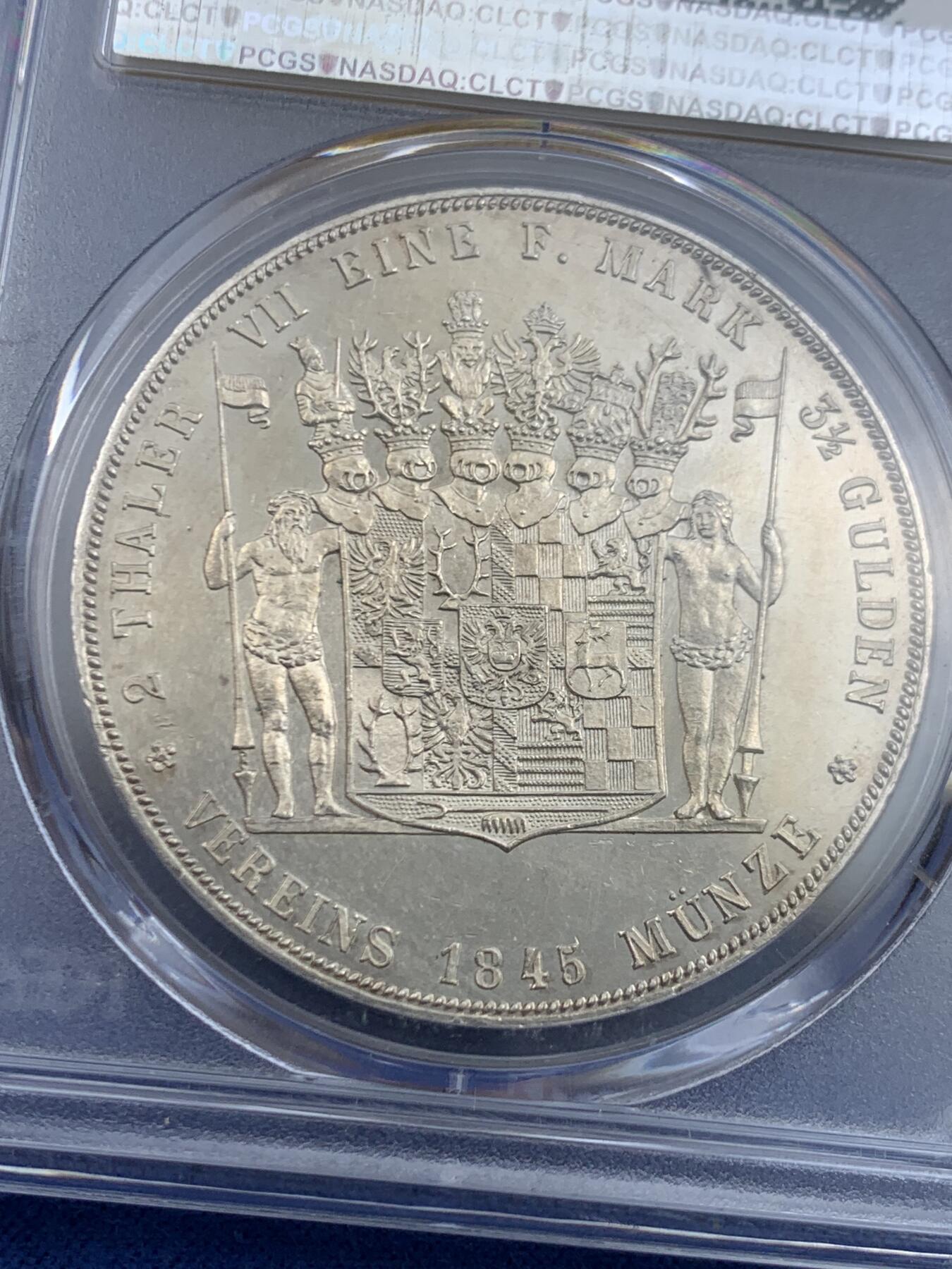 《竞宝斋》第445场 周日，周一，2场连拍 （全场包邮） PCGS MS63 德国施瓦茨堡1845年弗里德里希·卡尔二世2泰勒大银币 亚军分 更高分仅一枚