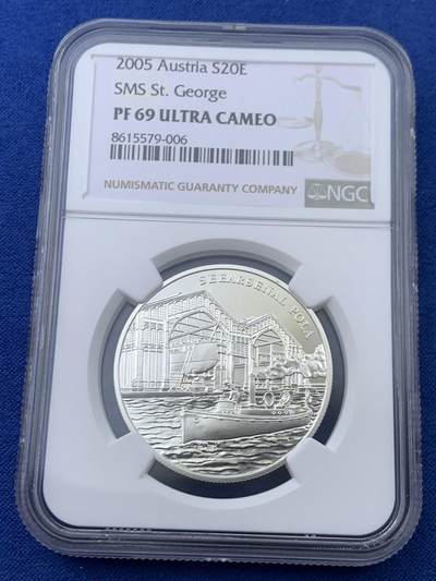 《竞宝斋》第445场 周日，周一，2场连拍 （全场包邮） - 获奖币 NGC PF69UC 2005年奥地利圣乔治战舰20欧精制纪念银币（18克重，900银，盒证齐全，发行量5万枚）荣膺克劳斯世界硬币大赛2007年最佳银币，币面浮雕栩栩如生，波涛滚滚的海浪和远处若影若线的自由女神雕像见证了百年哈布斯堡王朝海军的昔日辉煌！（个人认为奥地利获奖币中美不胜收的一枚）