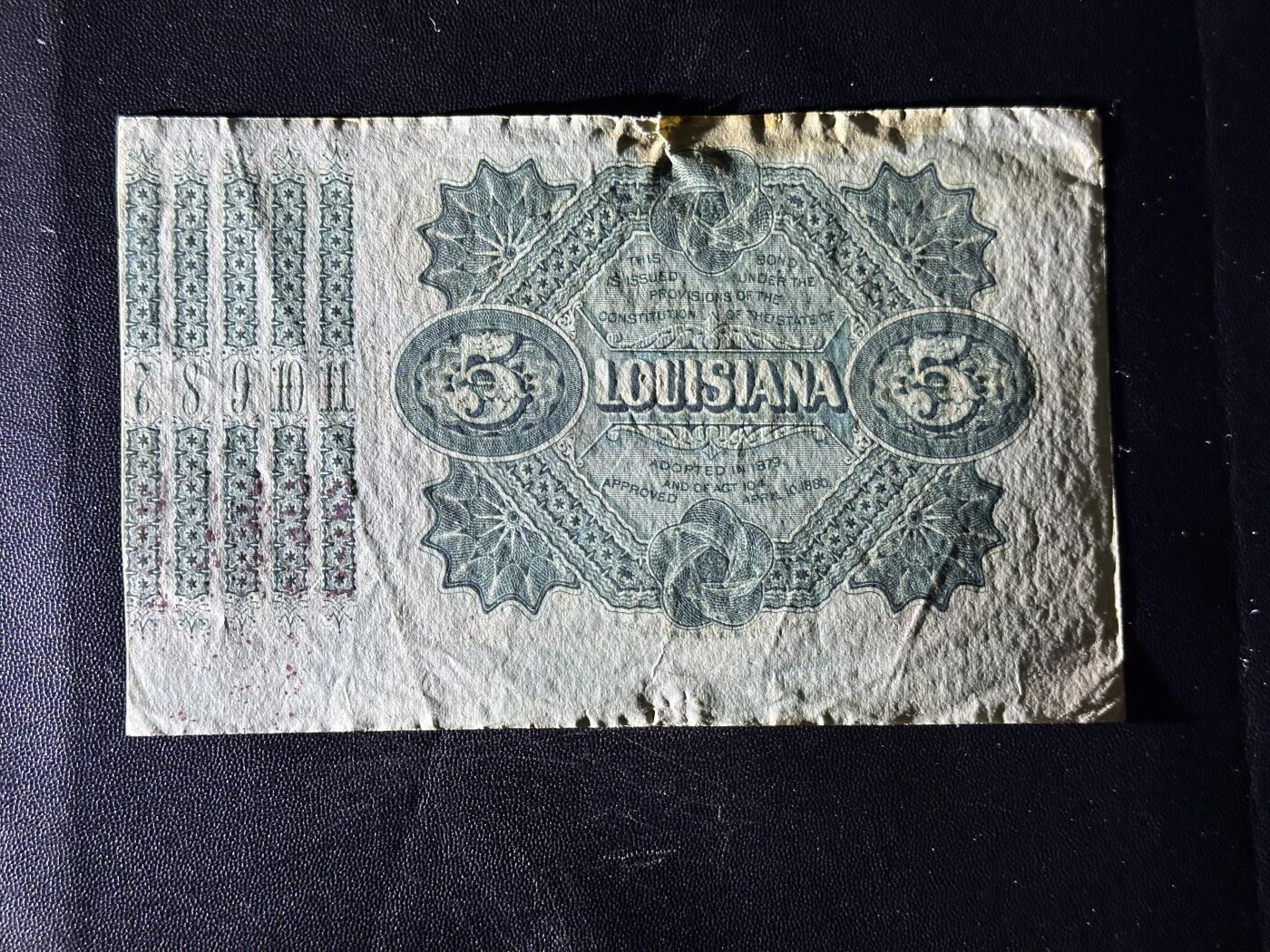 《外钞收藏家》第五百九十二期（精选场）（本平台长期征集拍品、欢迎藏友们联系合作） 1886年路易斯安那州5美元 非全新 品相如图