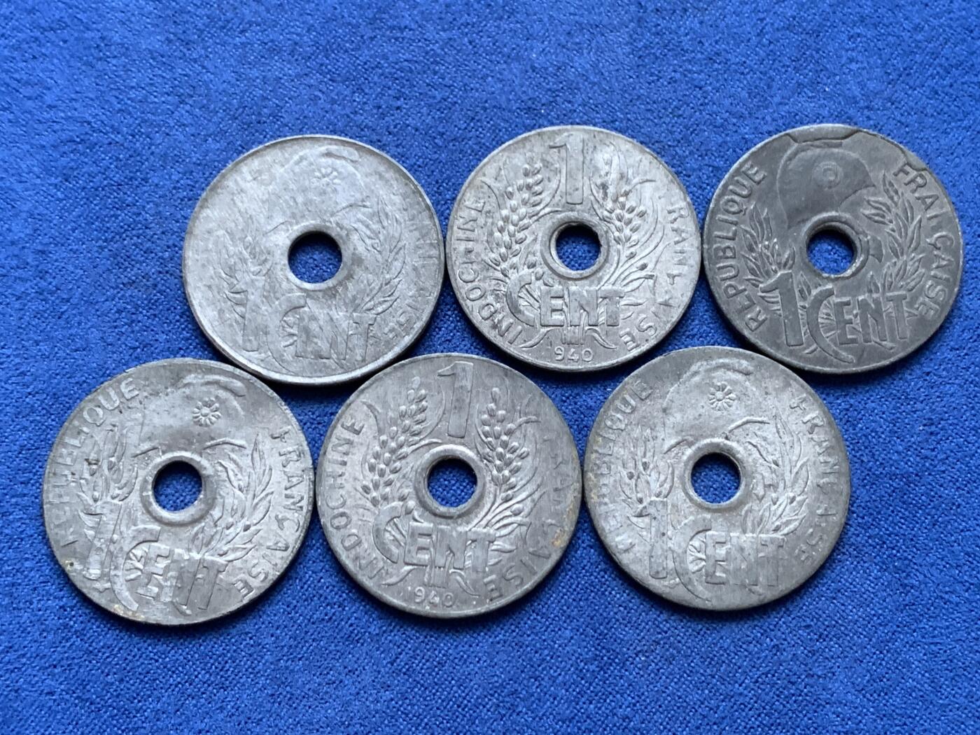 《竞宝斋》第445场 周日，周一，2场连拍 （全场包邮） 六枚一组 法属印支花帽1分锌币 细节见图