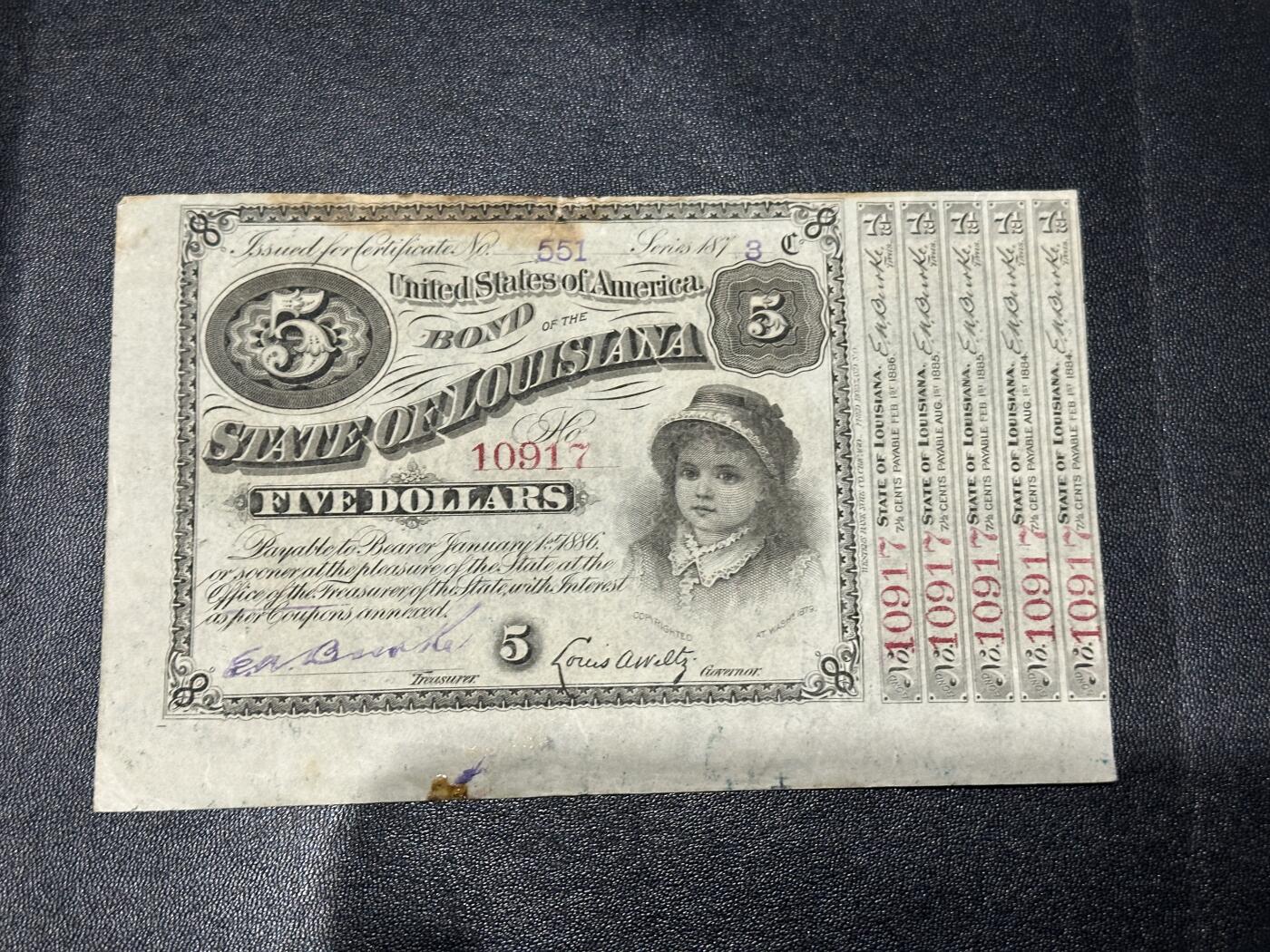 《外钞收藏家》第五百九十二期（精选场）（本平台长期征集拍品、欢迎藏友们联系合作） 1886年路易斯安那州5美元 非全新 品相如图