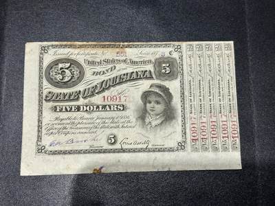 《外钞收藏家》第五百九十二期（精选场）（本平台长期征集拍品、欢迎藏友们联系合作） - 1886年路易斯安那州5美元 非全新 品相如图