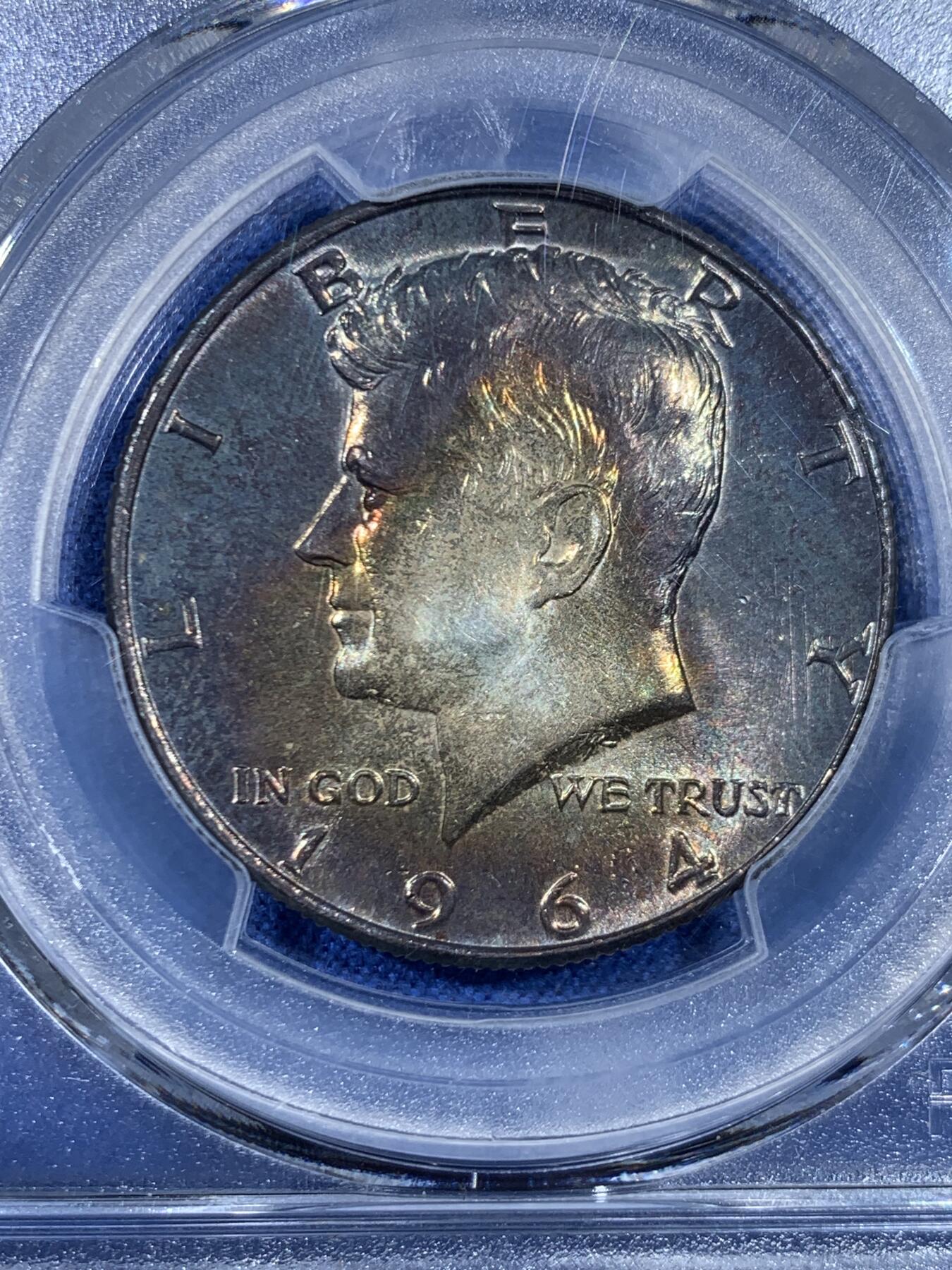 《竞宝斋》第445场 周日，周一，2场连拍 （全场包邮） PCGS MS64 美国1964年半美元银币，肯尼迪50美分首年份，900高银，双面黑彩，包浆彩好看