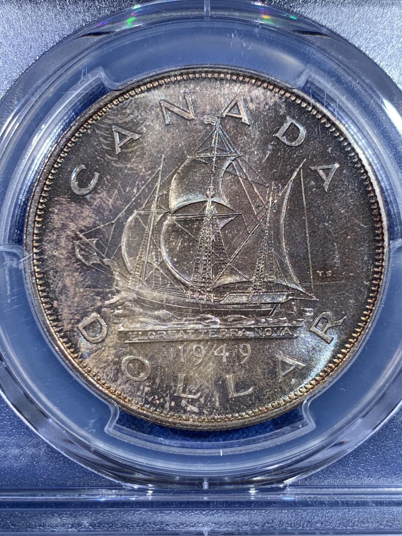《竞宝斋》第445场 周日，周一，2场连拍 （全场包邮） PCGS MS64 加拿大1949年乔治六世帆船1元银币 炫丽五彩包浆