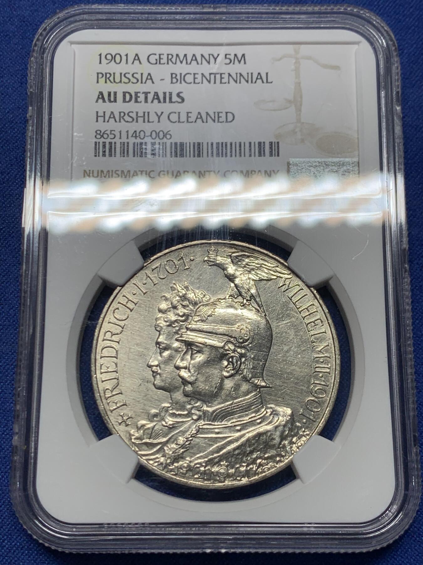 《竞宝斋》第445场 周日，周一，2场连拍 （全场包邮） NGC AUD 德国1901年普鲁士建国200周年5马克银币