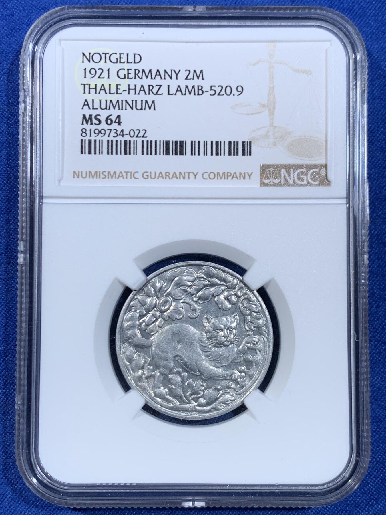 《竞宝斋》第445场 周日，周一，2场连拍 （全场包邮） NGC MS64 德国1921年德紧塔勒哈茨大猫2马克铝币 少见品种