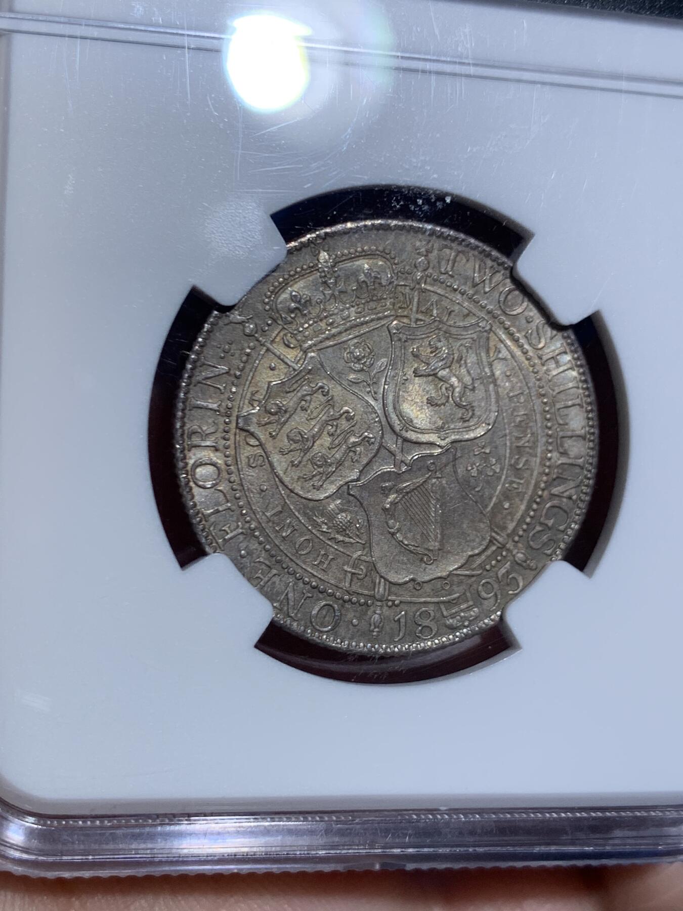 《竞宝斋》第445场 周日，周一，2场连拍 （全场包邮） NGC MS64 英国 1893年 维多利亚披纱2先令 (1福林) 银币，灰金彩，底板丝滑，非常好的状态。英系经典，收藏级品质