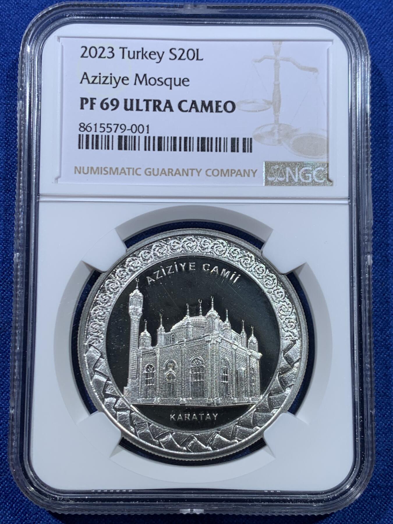 《竞宝斋》第445场 周日，周一，2场连拍 （全场包邮） NGC PF68UC 土耳其2023年阿齐济耶清真寺20里拉精制纪念银币（1盎司，925银，带证书，发行量3千枚）时光雕刻，岁月永隽，唯有景观经典依旧！