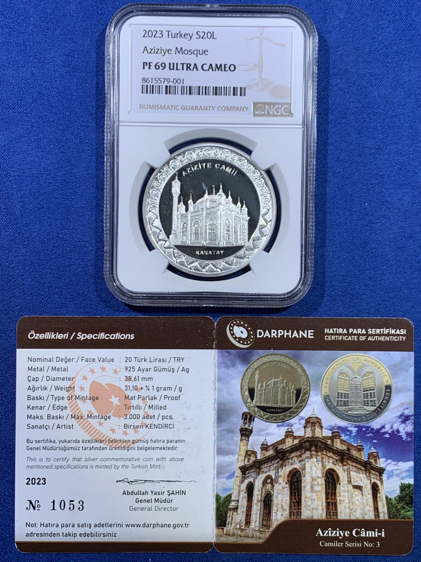《竞宝斋》第445场 周日，周一，2场连拍 （全场包邮） NGC PF68UC 土耳其2023年阿齐济耶清真寺20里拉精制纪念银币（1盎司，925银，带证书，发行量3千枚）时光雕刻，岁月永隽，唯有景观经典依旧！