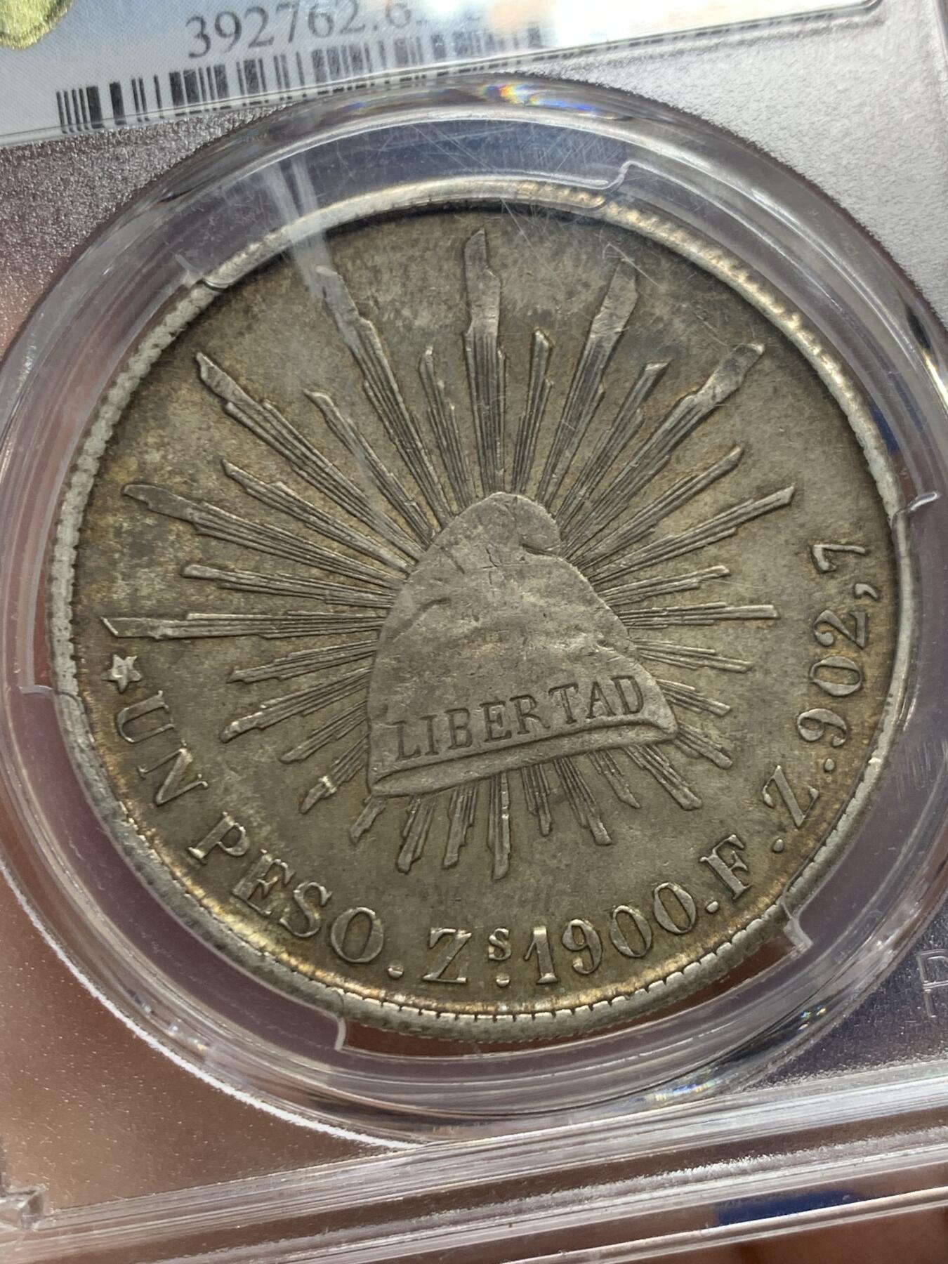 《竞宝斋》第445场 周日，周一，2场连拍 （全场包邮） PCGS MS62 墨西哥 1900ZS FZ 鹰洋 双面酱彩 币面字口深打老味道，极美收藏，一步到位。