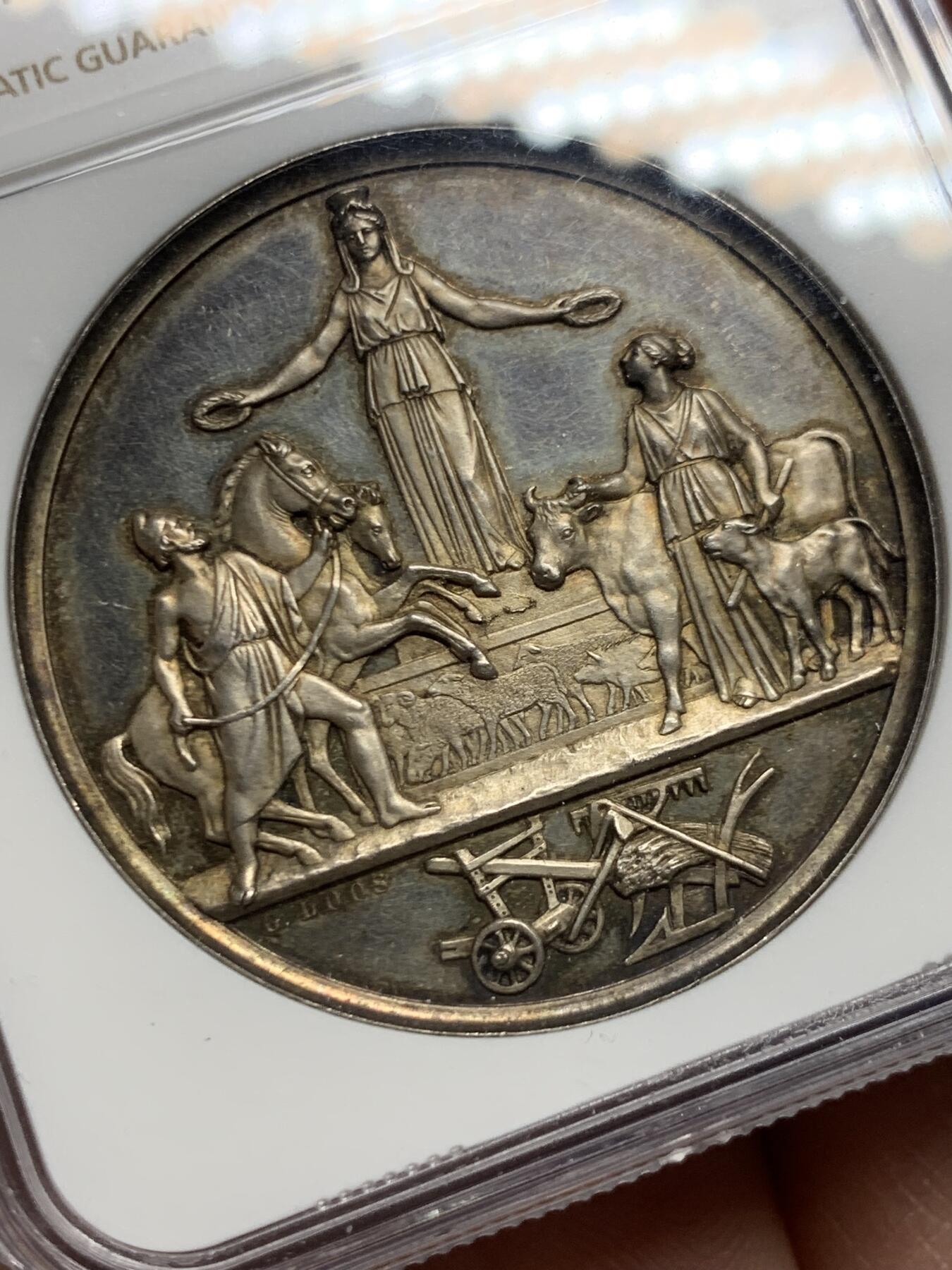 《竞宝斋》第445场 周日，周一，2场连拍 （全场包邮） NGC MS63 德国19世纪农业服务银章 LOOS作品 42mm 极美细节