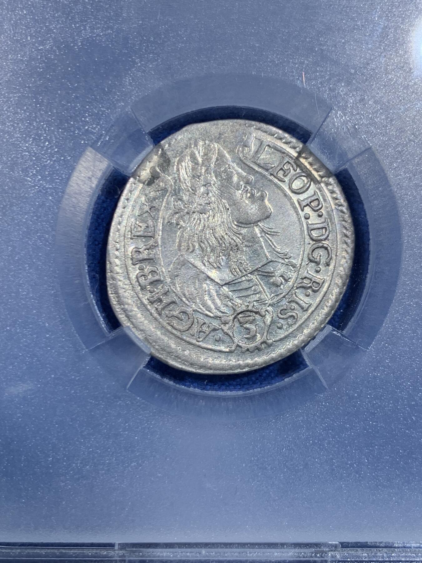 《竞宝斋》第445场 周日，周一，2场连拍 （全场包邮） TQG AUD 匈牙利王国利奥波德一世 1663年 3克鲁泽打制银币 背面经典圣母抱婴图案 稀缺品种