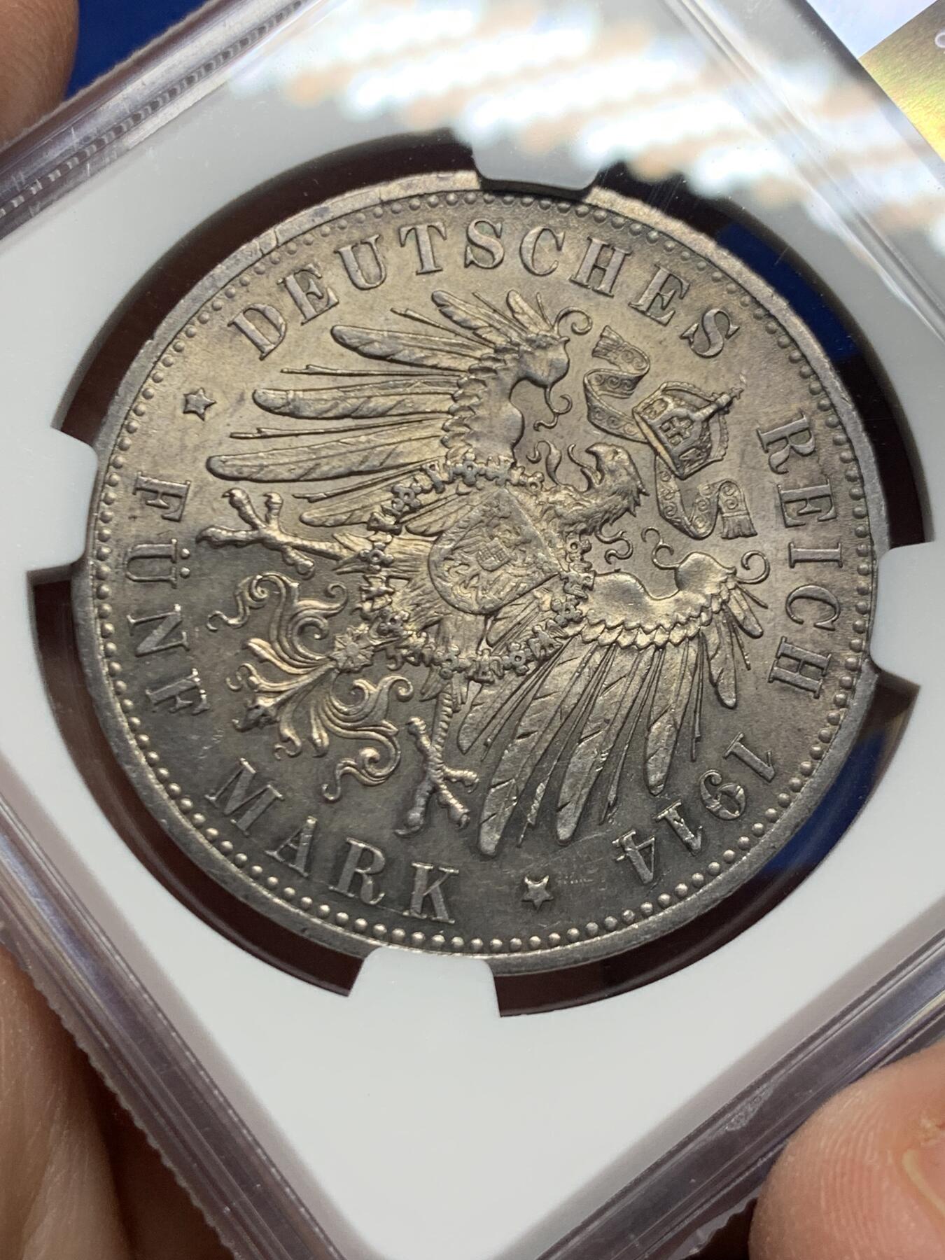 《竞宝斋》第445场 周日，周一，2场连拍 （全场包邮） NGC MS61 德国1914年普鲁士威廉二世军装5马克银币